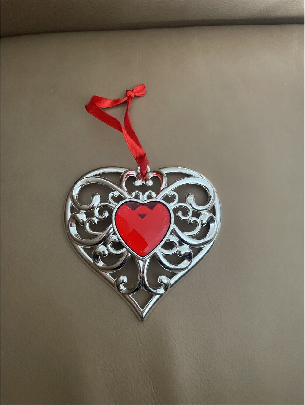 LENOX BEJEWELED RED HEART SHAPED ORNAMENT SILVERPLATED #856360 IN BOX